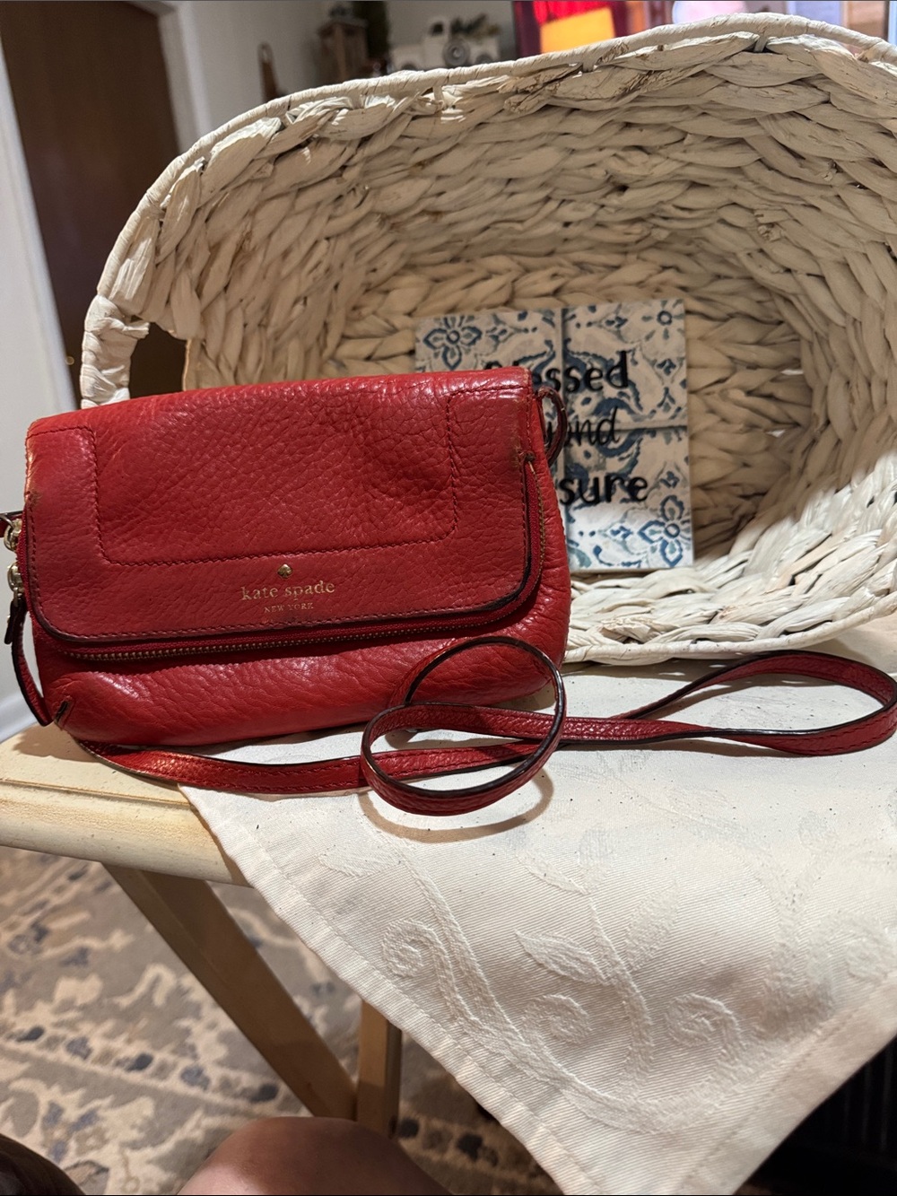 Kate Spade Pebbled Red Leather Crossbody with Front Zip Detail